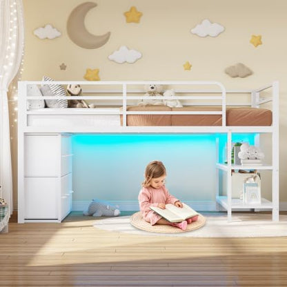 Low Loft Bed Twin Size with 6 Storage Drawers, LED Lights Loft Bed
