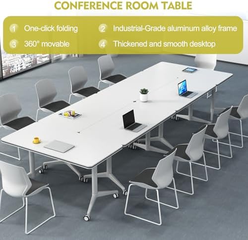 Folding Conference Table Modern Large Mobile Meeting Table Rolling Conference Room Tables with Wheels Seminar Tables for Office Training Classroom (6, White, 63" D X 19.7" W X 29.5" H)