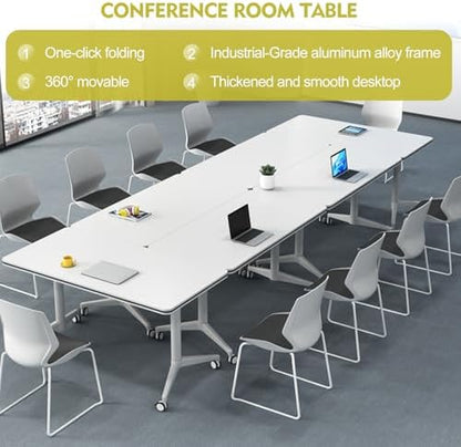 Folding Conference Table Modern Large Mobile Meeting Table Rolling Conference Room Tables with Wheels Seminar Tables for Office Training Classroom (4, White, 47.2" D X 23.6" W X 29.5" H)