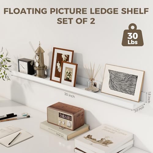 30 Inch Floating Shelves, White Picture Ledge Shelf Set of 2