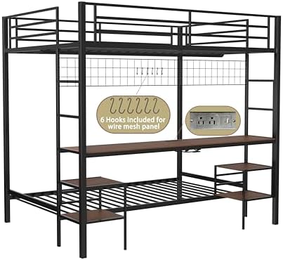 Bellemave Full Over Twin bunk Bed with Desk, loft Bed with Desk and Shelves, Full Over Twin Metal Bunk Beds with Charging Station, Black & Cinnamon Oak