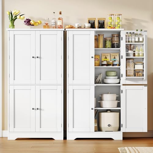 TEENFON Storage Cabinet, Pantry Cabinet with 4 Doors and 3 Storage Shelves, Kitchen Cabinet, Bathroom Storage Cabinet for Living Room, Small Space, Dining Room, 51”H White