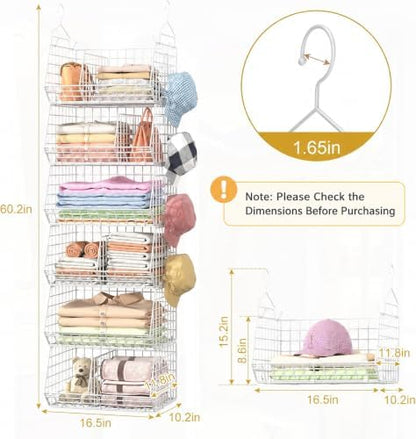 6 Tier Extra Large Hanging Closet Organizer, Closet Storage Hanging with Dividers, Wire Closet Shelf with 5 S Hooks 4 Dividers,Sweater Handbag Hat Accessory Storage Hanger,White