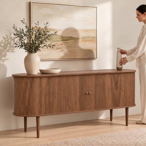 71'' Fluted Sideboard Buffet Cabinet with Sliding Doors and Adjustable Shelves for Dining Room, Living Room, Entryway. Mid Century Modern Fluted Cabinet with Storage (Walnut)