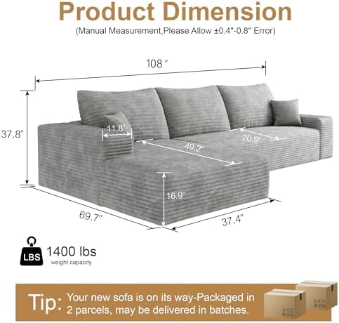 96" Sectional Couches for Living Room Cloud Couch Sofa with L-Shape Upholstered Boneless Couchs Modern Modular Sectional Couch with Chaise (Light Grey, 108" L Shaped with Left Facing Chaise)