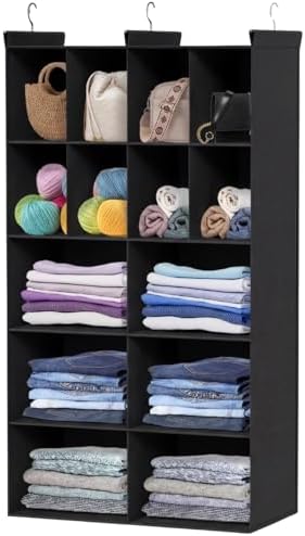 5 Tier Hanging Closet Organizer, 14 Compartments Dual Row Storage, Black