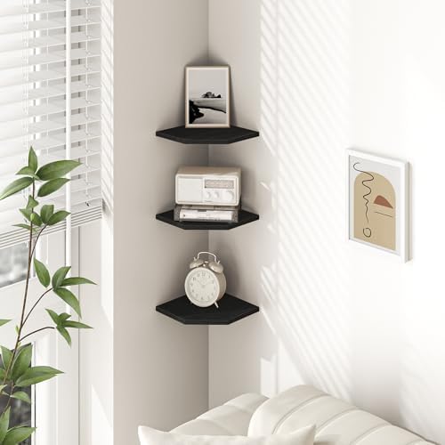 Corner Shelf Wall Mount, Floating Corner Shelves, Set of 6 Corner Wall Shelf Organizer, Rustic Wood Wall Storage Display Shelves for Living Room Bedroom Bathroom Kitchen, Classic Black
