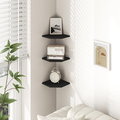 Corner Shelf Wall Mount, Floating Corner Shelves, Set of 6 Corner Wall Shelf Organizer, Rustic Wood Wall Storage Display Shelves for Living Room Bedroom Bathroom Kitchen, Classic Black