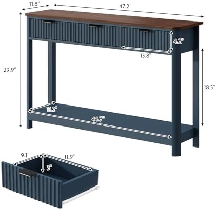 HOKYHOKY Fluted Console Table with Drawers, 47.1" Entryway Table, Blue