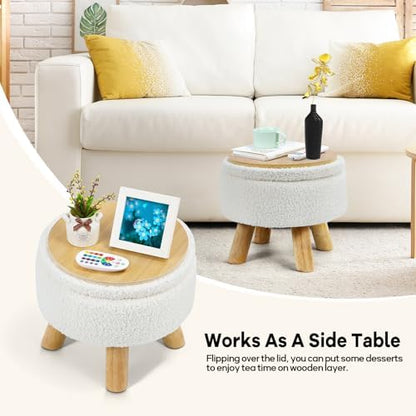 OGEMXU Ottoman Foot Stool, Small Ottoman with Storage,Round Storage Ottoman with Wood Legs, Soft Sponge Storage Footstool for Living Room, Bedroom, Couch, Enterway (Cream)