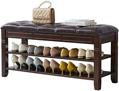 LEILISI Shoe Bench, Storage Rack Organizer with Cushion 2 Tier Lift Top Shoe Rack for Entryway Living Room Bedroom Hallway Wooden Furniture (Brown, 39.4'')