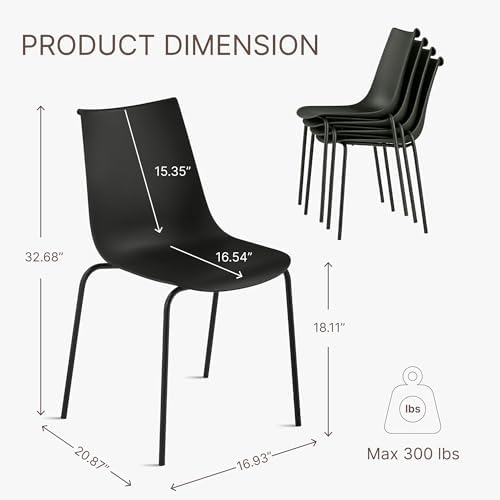 KISLOT Dining Chairs Set of 4, Plastic Outdoor Dining Room Chairs with Metal Legs, PP Anti-UV Stackable Patio Chairs with Ergonomic Back & Curved Seat for Kitchen Swimming Pool, Easy Assembly, Black