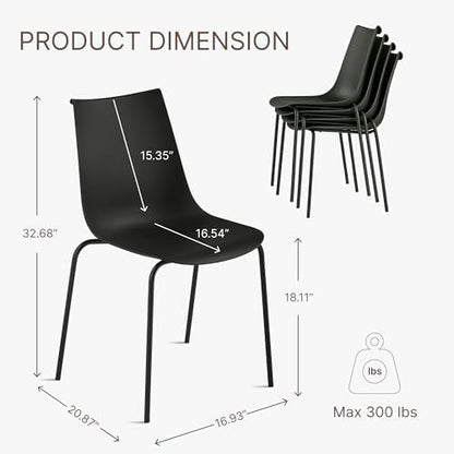 KISLOT Dining Chairs Set of 4, Plastic Outdoor Dining Room Chairs with Metal Legs, PP Anti-UV Stackable Patio Chairs with Ergonomic Back & Curved Seat for Kitchen Swimming Pool, Easy Assembly, Black