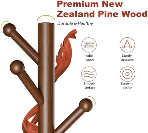 8-Hook Freestanding Coat Rack 3 Heights Safe Round Tips Brown