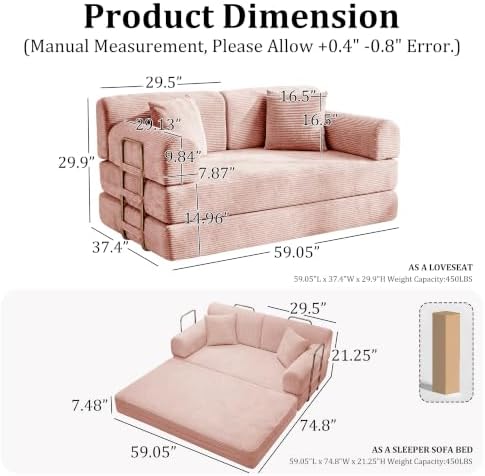 BSHOMGI Sofa Bed, Boneless Couch Folding Floor Compression Loveseat Sleeper with Fixed-Shape Frame,Sofas for Guest Room Living Room No Assembly Required (Includes 2 Pillows)