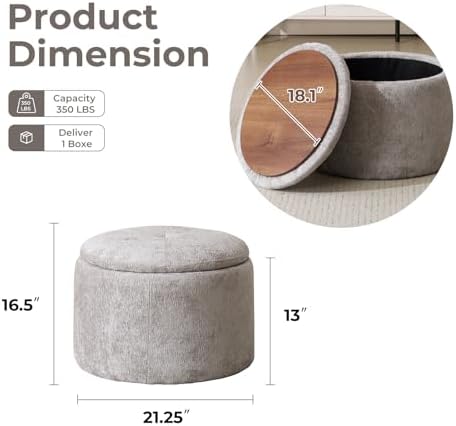 Modern Round Storage Ottoman with Reversible Tray Lid,Chenille Ottoman Foot Stools, Ottoman Footstool with Hidden Storage, Storage Ottoman for Living Room, Multi-Functional Footrest,Light Grey