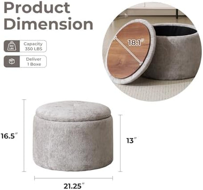 Modern Round Storage Ottoman with Reversible Tray Lid,Chenille Ottoman Foot Stools, Ottoman Footstool with Hidden Storage, Storage Ottoman for Living Room, Multi-Functional Footrest,Light Grey