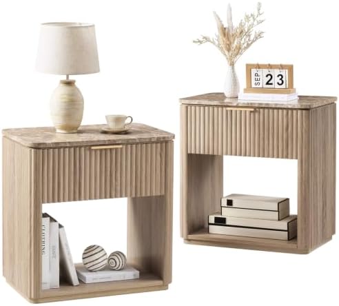 Curved Fluted Nightstand Set of 2 with Faux Marble Top, Natural Oak