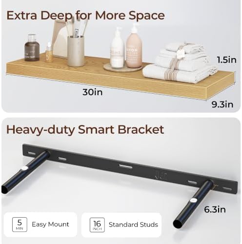 30 Inch Floating Shelves for Wall, Fireplace Mantel Shelf with Invisible Heavy Duty Bracket, 9.3 Inch Deep Storage Shelf for Living Room, Kitchen, Farmhouse, Oak