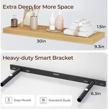 30 Inch Floating Shelves for Wall, Fireplace Mantel Shelf with Invisible Heavy Duty Bracket, 9.3 Inch Deep Storage Shelf for Living Room, Kitchen, Farmhouse, Oak