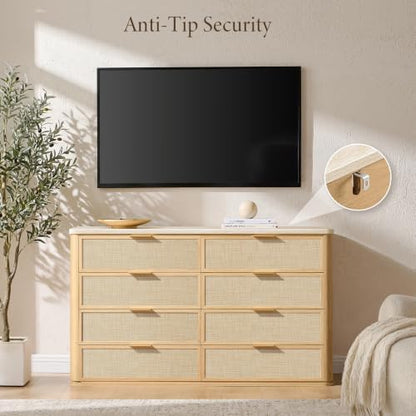 Rattan Dresser for Bedroom, 55'' Wide 8 Drawer Dresser