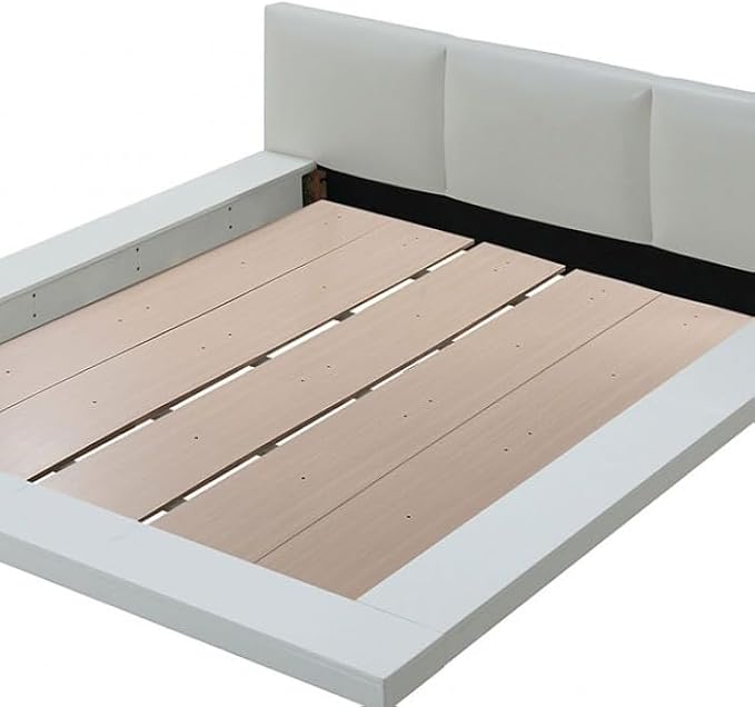First of a Kind Queen Size Contemporary Bedroom Furniture 4 Piece Set in White - Low Profile Bed, Padded Headboard & High Gloss Finish - Bed, Dresser, Mirror & Nightstand Set