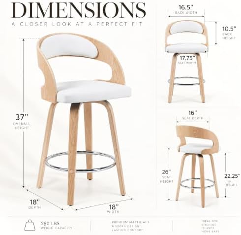 Shelly Modern Counter Height Swivel Bar Stool in Patterned Oak Finish with White Faux Leather Upholstered Seat Set of 4