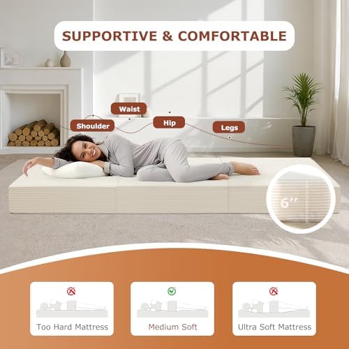6-Inch Tri-Fold Foldable Mattress, Folding Sofa Bed with Removable Washable Cover, Portable Futon Mattress Full Size Floor Guest Mat with Non-Slip Bottom & Carry Handles for Camping (Beige, Queen)