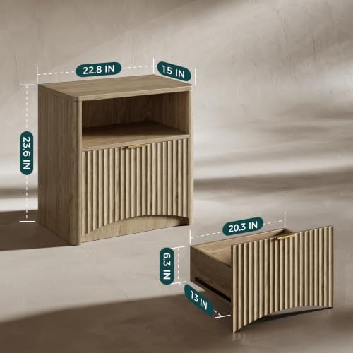 Evermagin Fluted Nightstand Set of 2, Natural Oak Bedside Table with Drawer