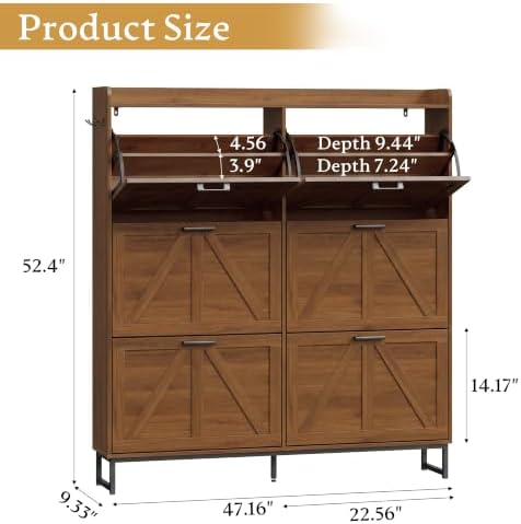 Shoe Cabinet Storage for Entryway, Shoe Storage Cabinet with 6 Flip Drawers, Freestanding Narrow Shoe Rack Organizer with Metal Legs, Adjustable Shelves & Open Storage for Foyer, Hallway, Walnut