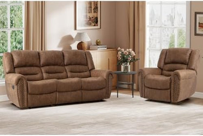 EBELLO Manual Recliner Sofa Set, Faux Leather Fabric Reclining Living Room Set, Included Single Recliner Chair and 3 Seat Manual Sofa, Brown