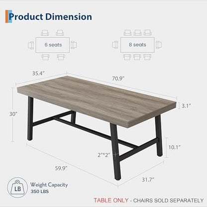 Garvee 71" Rustic Dining Table, Heavy Duty Kitchen Table, Grey Walnut