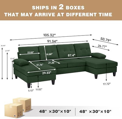 105" Sectional Sofa for Living Room, U-Shape 4 seat Large Couch with Double Chaises Polyester Linen Fibre for Living Room, Green