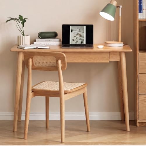 100% Solid Wood Home Office Desk, Oak Wood Writing Desk, Modern Computer Desk with Drawer for Sturdy Home Office Writing 35.43" W Natural Color