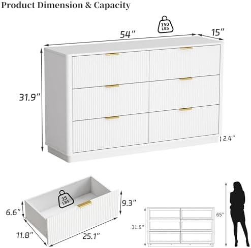 Fluted Dresser for Bedroom with 6 Drawers, 54" Wide Modern Chest of Drawers with Lighting, Wooden Dresser TV Stand with Curved Edges, Closet Organizer for Living Room, Hallway,White