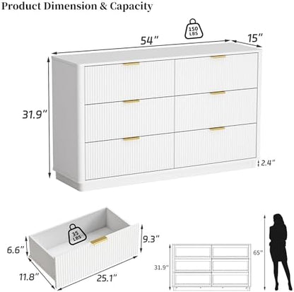 Fluted Dresser for Bedroom with 6 Drawers, 54" Wide Modern Chest of Drawers with Lighting, Wooden Dresser TV Stand with Curved Edges, Closet Organizer for Living Room, Hallway,White