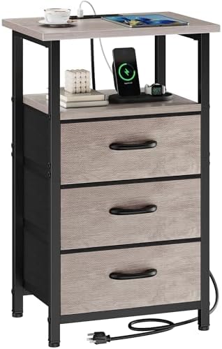 Nightstand with Charging Station, Bedside Table with USB Ports and Outlet, End Table Side Table with 3 Fabric Drawers and Storage Shelf, Bed Side Table Night Stand for Bedroom, Greige