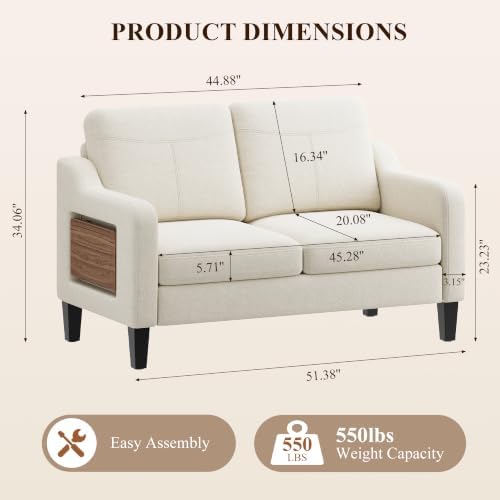 MALOL 51" Leather Loveseat Sofa with Foldable Side Table, Beige