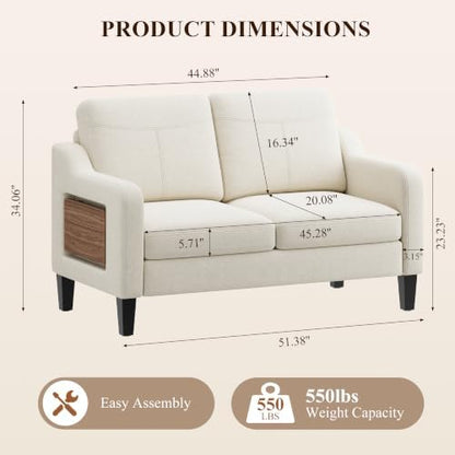 MALOL 51" Leather Loveseat Sofa with Foldable Side Table, Beige