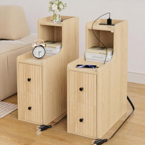 Set of 2 Narrow Side Table with Charging Station, Wooden Slim End Table with Storage, Mid Century Modern Nightstand with Drawers for Living Room, Oak