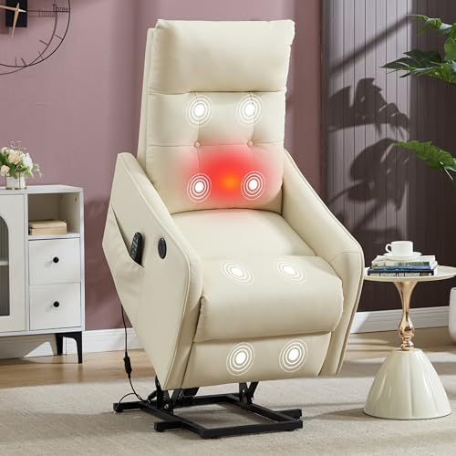 Power Lift Recliner Chair with Vibration Massage and Heat for Petite Elderly, Small Lift Chair with Side Pocket Remote Control, Infinite Position, Faux Leather Beige