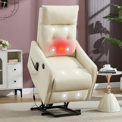 Power Lift Recliner Chair with Vibration Massage and Heat for Petite Elderly, Small Lift Chair with Side Pocket Remote Control, Infinite Position, Faux Leather Beige
