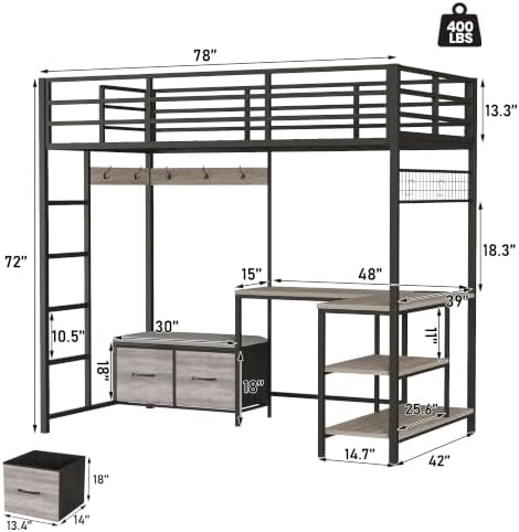 Twin Loft Bed with L-Shaped Gaming Desk, 2 Storage Drawers, RGB LED Lights