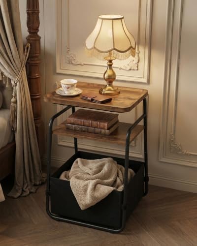 Small Nightstand with Storage, Bedroom Side Table with Fabric Drawer, 3 Tier Bedside Table for Small Spaces, Couch Side Table with Handle, Brown