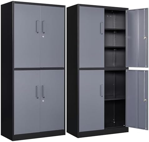 SISESOL Metal Storage Cabinets with Doors and Shelves,71" Metal Garage Storage Cabinet with Lock,Gray Steel Cabinet with Locking Doors,4 Door Lockable Storage Cabinets for Garage,Home,Office