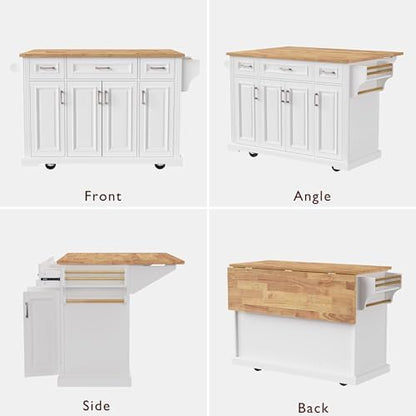 54" Rolling Kitchen Island with Drop Leaf, White