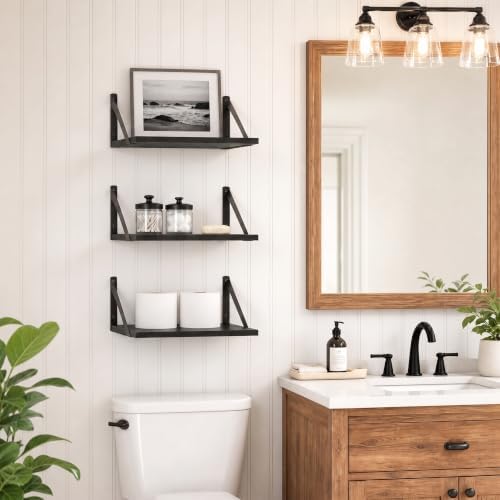 Black Floating Shelves Set of 3, 12"W x 12"D Wall Shelf with Bracket