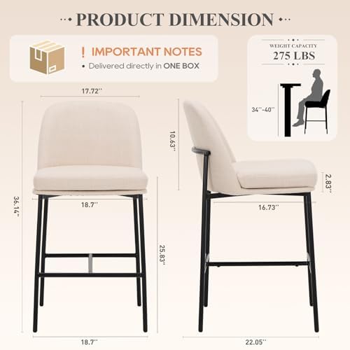 COLAMY Counter Height Bar Stools Set of 2, 25 Inch Modern Fabric Kitchen Island Stools with Back, Upholstered Counter Barstools Armless Bar Chairs with Metal Legs for Island Dining Room Bar, Beige