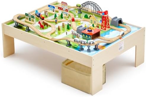 VEVOR Train Table, 120 Multicolor Pieces Wooden Kids Activity Table with Collapsible Storage Bin, 3-in-1 Wooden Train Set for Gaming, Drawing, Reading, Eating, Creative Toy Set for Kids Ages 3+