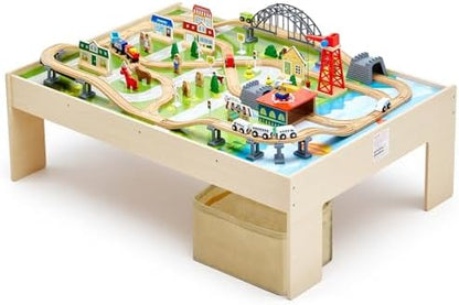 VEVOR Train Table, 120 Multicolor Pieces Wooden Kids Activity Table with Collapsible Storage Bin, 3-in-1 Wooden Train Set for Gaming, Drawing, Reading, Eating, Creative Toy Set for Kids Ages 3+